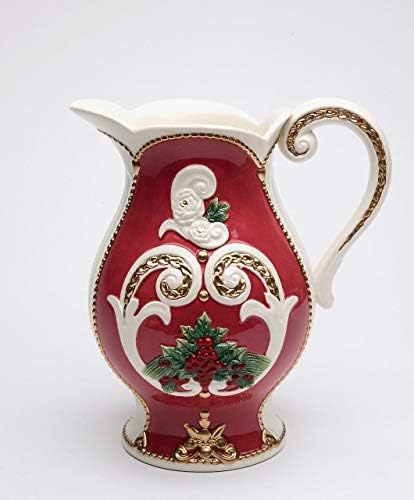 Cosmos Fine Gifts Porcelain Hand Painted Коледа Fantasia Holly Red, Gold and White Design Pitcher, 8-1/4 H