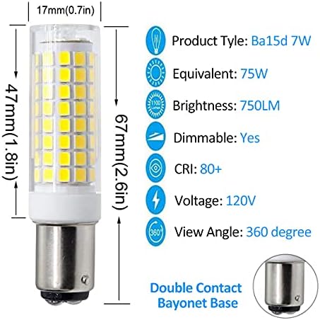 Led Лампа Ba15d Затъмняване на Двоен Контакт Байонет База, AC120V 7 Watt Led Лампа Ba15d 75 W JD Тип T3/T4 Халогенни Лампи Еквивалент на Дневна Светлина Бяло 6000 К, Затъмняване на Шевна ?