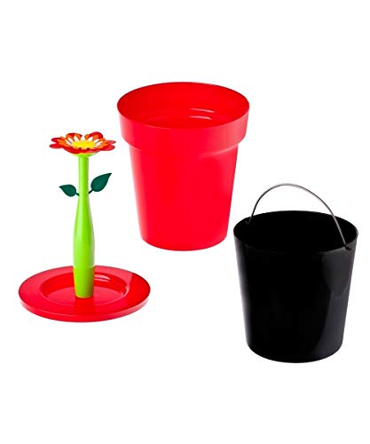 Vigar Flower Power, Кошница за баня, 3/4 литра, кош за отпадъци и съхранение на саксиите с Капак, Дръжка във формата на Маргаритки, Подвижна Вътрешна кутия, Червен
