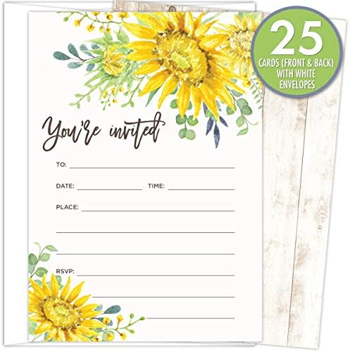 Koko Paper Co Sunflower Invitations | 25 Покани и пликове, | Отпечатан върху дебел картон.
