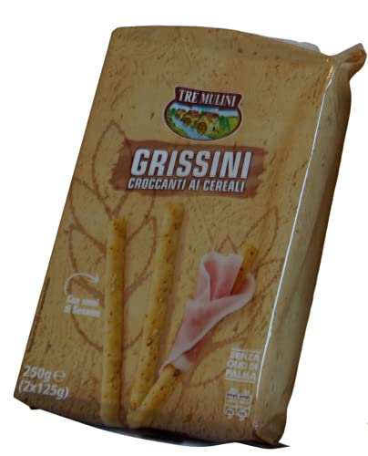 Tre Mulini Grissini Италиански Хрупкави хлебни пръчици от зърнени култури 250гр 8,81 унция, Опаковки от 2