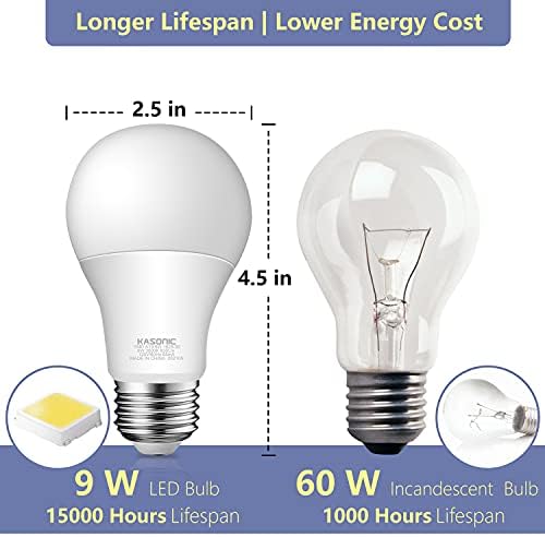 Kasonic Dimmable A19 LED Light Bulb – 6 Pack, еквивалент на 60 W, ефективен 9 Вата, в списъка на UL, 830