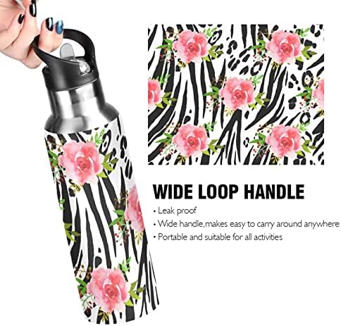 UMIRIKO Zebra Leopard Pink Flowers Water Bottle Thermos with Straw Капак Капак 20 Oz for Kids Boys Girls,Leakproof, Vacuum Insulated Stainless Steel Double Walled, Thermo Mug,Sports Bottle （20231601）