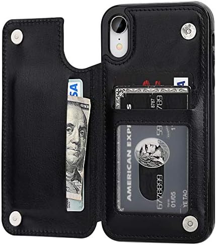 OT ONETOP iPhone XR Портфейла Case with Card Holder, Premium ПУ Leather Kickstand Card Slots Case,Двойна Магнитна закопчалка и Здрав, устойчив на удари калъф за iPhone XR 6,1 инча(черен)