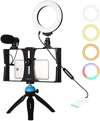PULUZ 4 in 1 Smartphone Видео Стенд Kit, с 4,7-инчов пръстен RGBW LED Selfie Light, микрофон и джоба статив Mount Комплекти със студена башмачной штативной глава, е идеална за ТИК Tok или Vlogging о