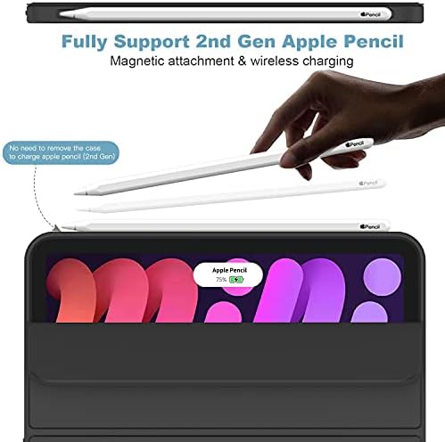 iMieet New iPad Mini 6 Case (8,3 инча,модел 2021 година), iPad Mini 6-то поколение Case with Молив Holder [Поддържа iPad 2nd Молив Charging/Pair], Trifold Stand Smart Case with Soft TPU Back,черен