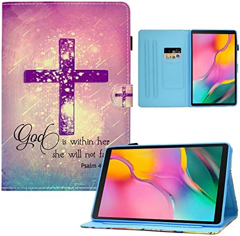 Galaxy Tab A 10.1 2019 Калъф,SM-T510/T515,Библейски Стих от Псалм 46:5 Лилаво Кръст Дизайн Слот За Карти