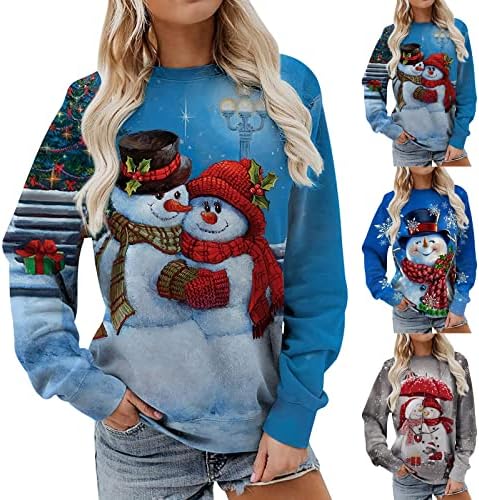 Коледни Блузи за Жени Сладък Снежен човек Печат Crewneck Ризи С Дълъг Ръкав Големи Всекидневни Пуловер Туника Върховете Чай