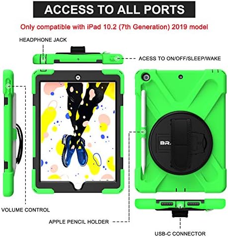BRAECN iPad Case 9th/8th/7th Поколение, 10,2-инчов iPad Case с Ръчно Каишка, Dropproof Kids Case със стойка, презрамка, Притежател на Молив, Държач капак молив за 2021/2020/2019 10,2 iPad(зелен)