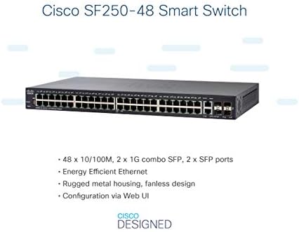 Cisco SF250-48 Smart Switch, 48 порта Fast Ethernet, 4 порта Gigabit Ethernet (GbE), Ограничена доживотна защита (SF250-48-K9-NA)