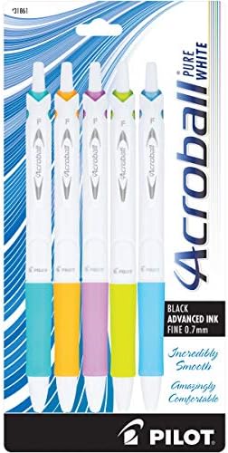 PILOT Acroball PureWhite Advanced Ink Refillable & Retractable Ball Point Pens with Тюркоаз/Orange/Purple/Lime/Blue Accents, Fine Point, Black Ink, 5-Pack (31861)