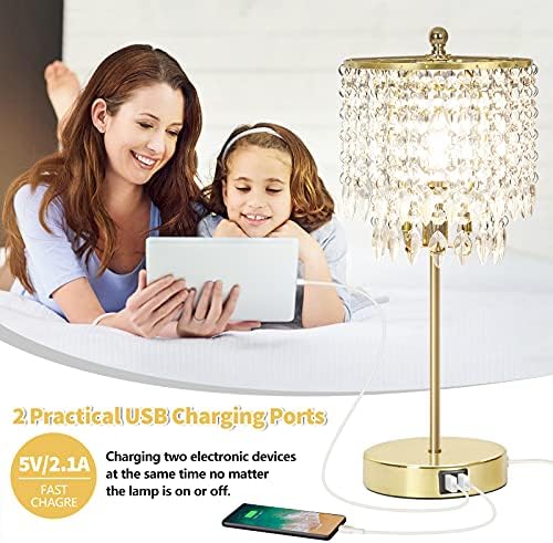 Boncoo Crystal Table Lamp Set of 2, 3-Way Dimmable Nightstand Lamp with 2 USB Charging Ports, Gold Нощно