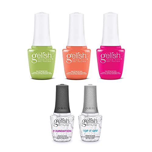 Gelish Summer 2021 Feel the Vibes 9mL Collection Gel Nail Polish Set, 3 Color Set and Dynamic Duo Foundation Base & Top It Off Sealer Soak Off
