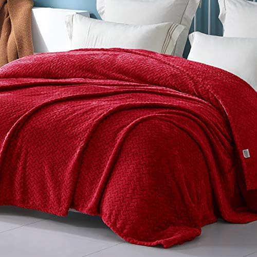 Exclusivo Mezcla Queen Size Jacquard Weave Leaves Pattern Flannel Fleece Velvet Plush Bed Blanket for Дивана Sofa Bed (90 х 90, червено) - Мек, лек, топъл и уютен
