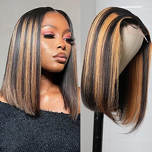Nadula Highlight Brown Short Боб Wigs Human Hair for Black Women Brasilian Virgin Hair Ombre Straight T Part Дантела Closure Боб Wigs Pre Plucked with Baby Hair Piano Color Wigs 150% Плътност