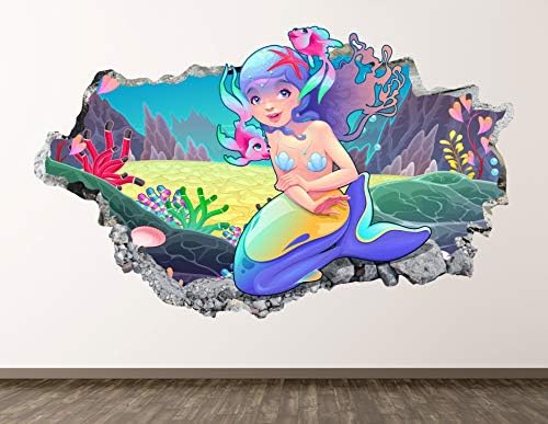 Русалка Момиче Стикер За стена, Арт Декор на 3D Разбития Карикатура Стикер Плакат Детска Стая Стенопис Потребителски