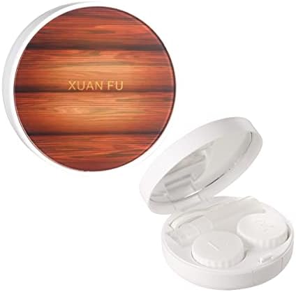CARUNCOO Wood Grain Contact Lens Case,Compact Eye Contact Case for Traveling,Преносима контактна кутия с огледало,Бутилка,Сладък,цветен, особено (тъмно-кафяви дърво зърно)