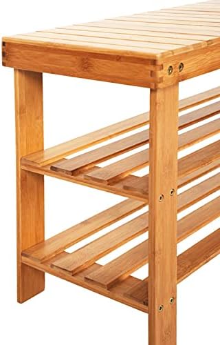NC 90cm Strip Pattern Tiers Bamboo Stool Shoe Rack with Ботуши Compartment Wood Color