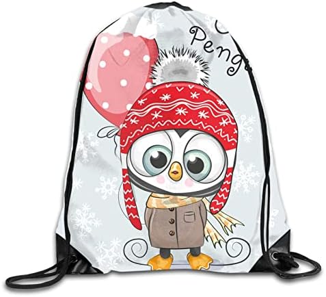 Drawstring bag,Drawstring Backpack Bulk Чинч Bag,Лек и портативен,Сладък Cartoony пингвин с шапка и палто с бухнали топка